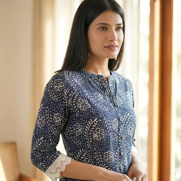 Navy_Blue_Floral_Printed_Cotton_Kurti_With_Lace_Detailing