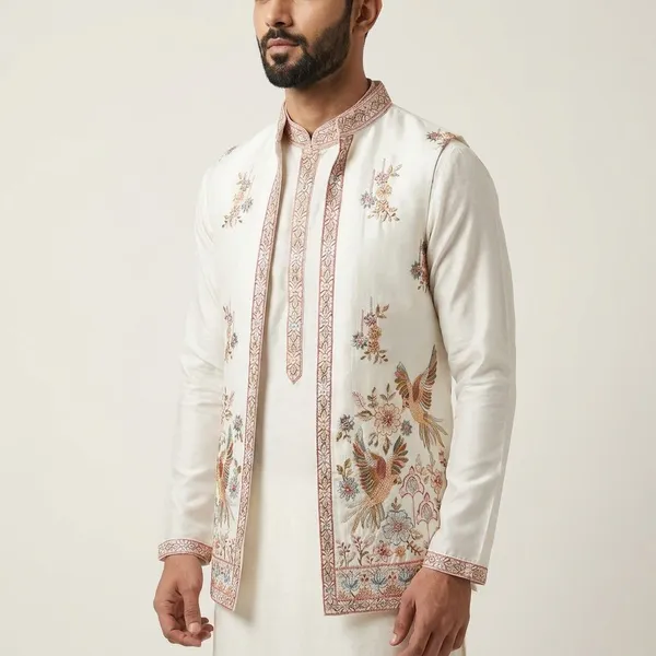 Elegant_Ivory_Embroidered_Men_Kurta_With_Floral_And_Peacock_Motifs
