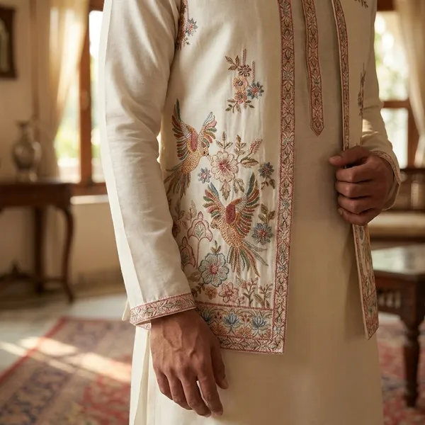 Elegant_Ivory_Embroidered_Men_Kurta_With_Floral_And_Peacock_Motifs