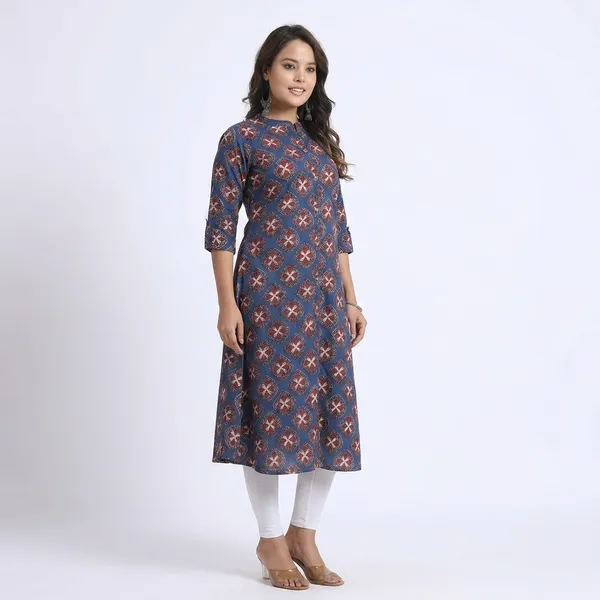 Women_Blue_Printed_Aline_Kurti_With_3/4_Sleeves