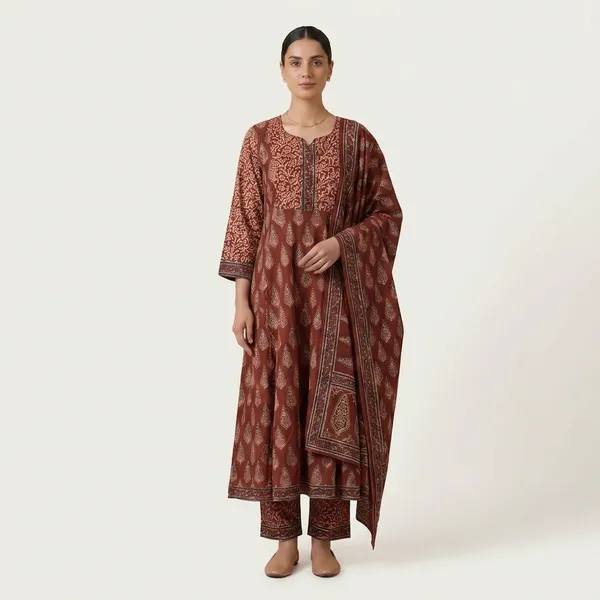 Rust_Traditional_Block_Print_Anarkali_Suit_Set_With_Dupatta