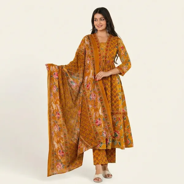 Mustard_Yellow_Floral_Print_Threepiece_Ethnic_Suit_Set_With_Dupatta