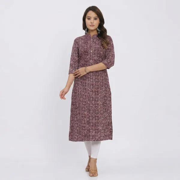 Women_Brown_Printed_Aline_Kurta_With_Threequarter_Sleeves
