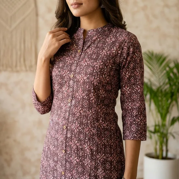 Women_Brown_Printed_Aline_Kurta_With_Threequarter_Sleeves