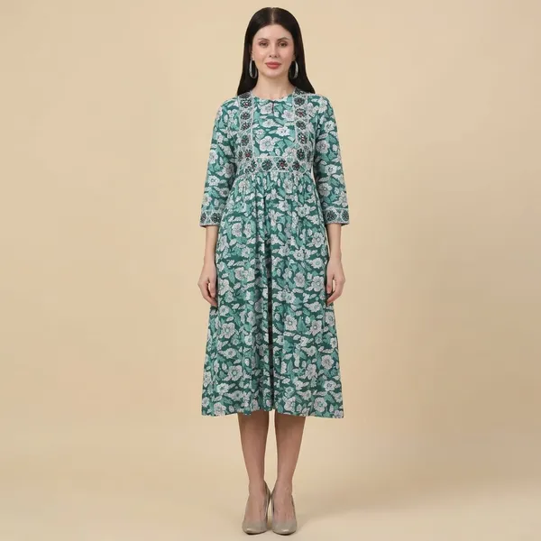 Green_Floral_Printed_Aline_Midi_Dress_With_3/4_Sleeves