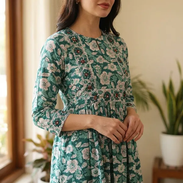 Green_Floral_Printed_Aline_Midi_Dress_With_3/4_Sleeves