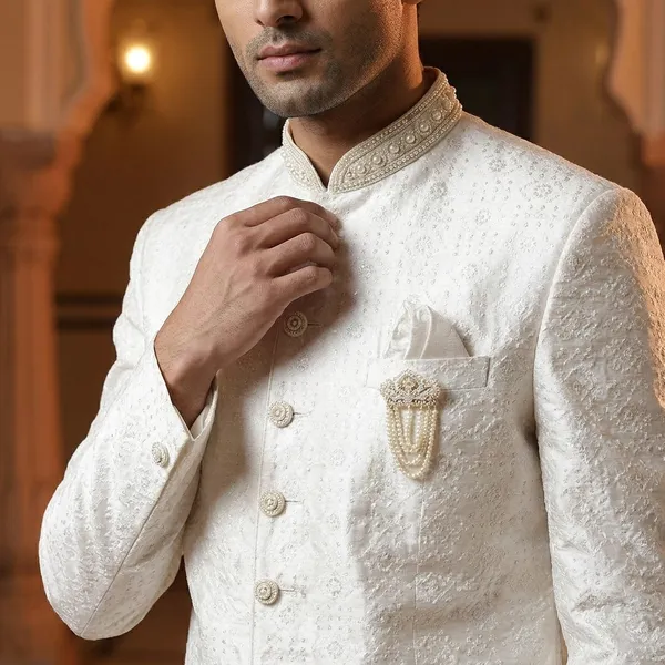 White_Embroidered_Sherwani_With_Embellished_Collar_For_Men