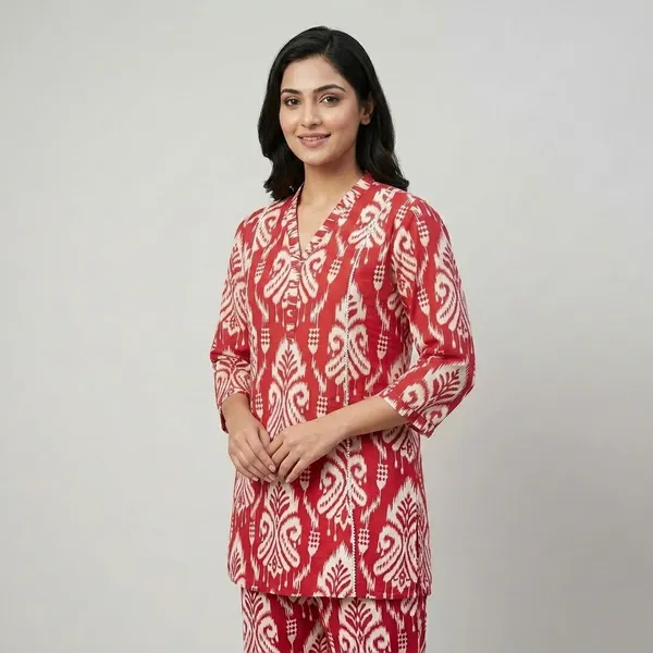 Red_And_Cream_Ikat_Print_Cotton_Kurta_Pajama_Set