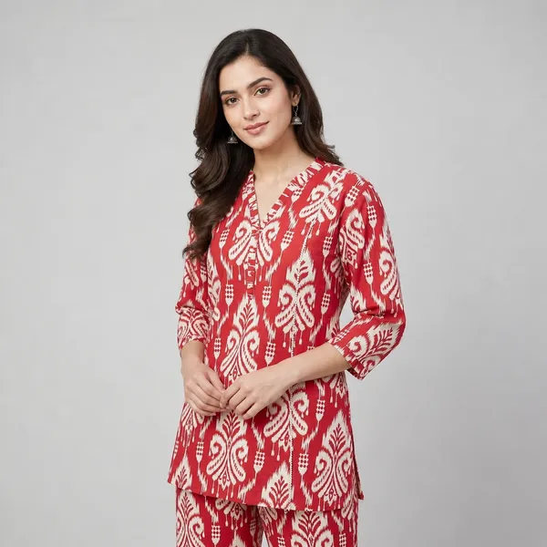 Red_And_Cream_Ikat_Print_Cotton_Kurta_Pajama_Set