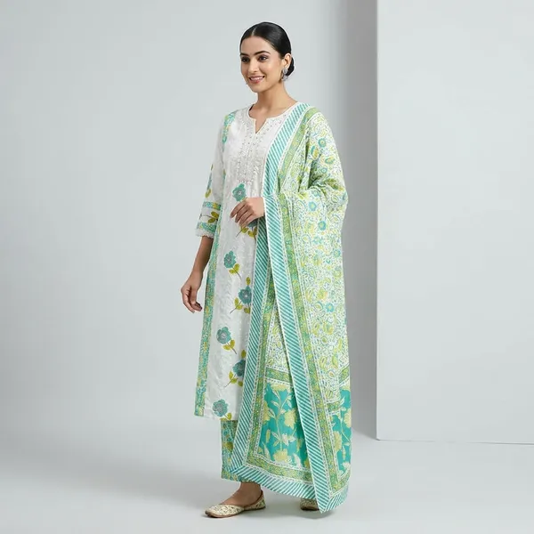 Women_Embellished_White_Kurta_With_Green_Floral_Printed_Dupatta_Set