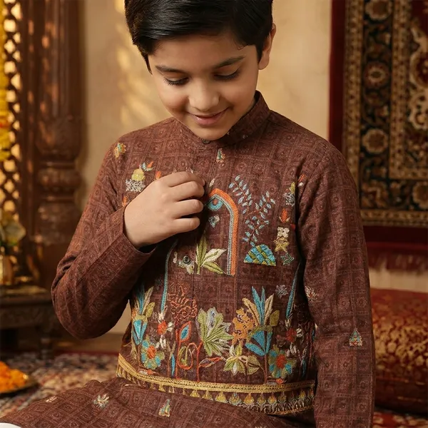 City_Live_Kids_Traditional_Brown_Embroidered_Kurta_Pajama_Set_For_Boys