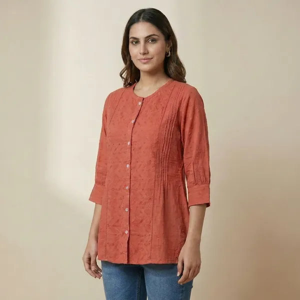 Women_Peach_Embroidered_Cotton_Buttondown_Tunic_Top