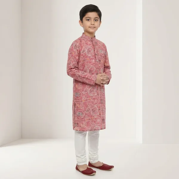 City_Live_Boys_Ethnic_Wear_Kurta_Set_Pink_Printed_Long_Kurta_With_White_Churidar_(D.No.2735/3)