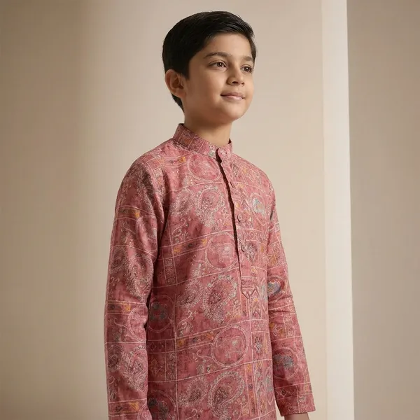 City_Live_Boys_Ethnic_Wear_Kurta_Set_Pink_Printed_Long_Kurta_With_White_Churidar_(D.No.2735/3)