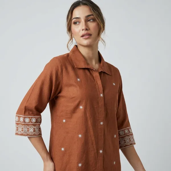 Brown_Cotton_Embroidered_Shirt_For_Women