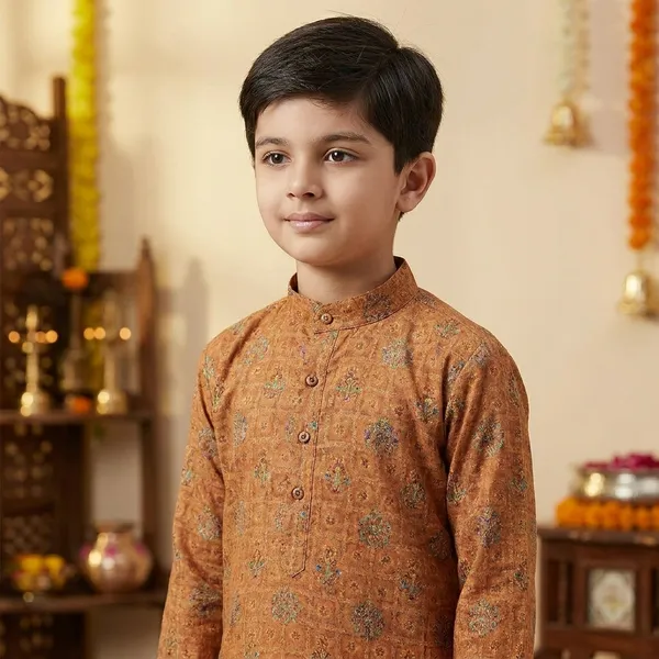 City_Live_Boys_Ethnic_Wear_Orange_Printed_Kurta_With_White_Churidar_Set