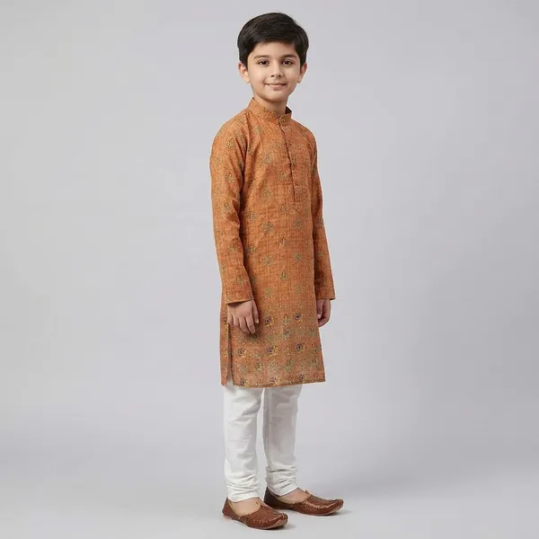 City_Live_Boys_Ethnic_Wear_Orange_Printed_Kurta_With_White_Churidar_Set