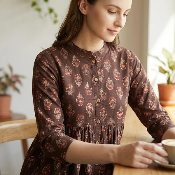 Brown_Floral_Print_Gathered_Top_With_Button_Detail