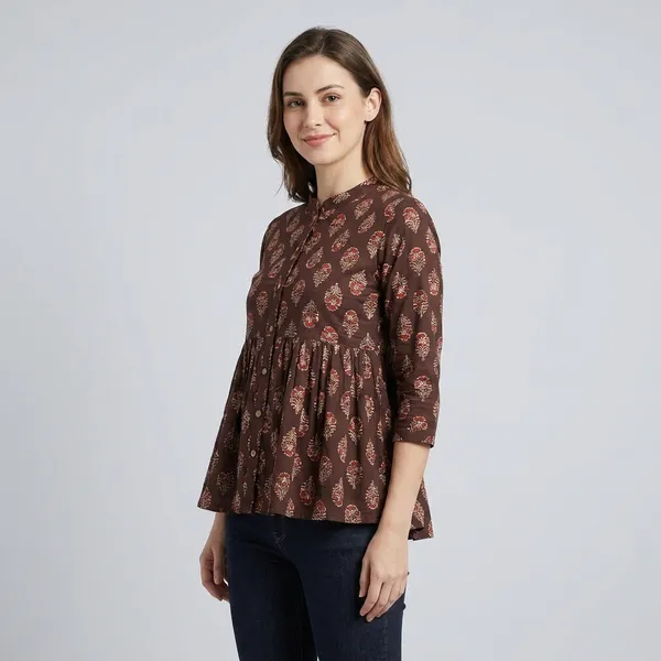 Brown_Floral_Print_Gathered_Top_With_Button_Detail