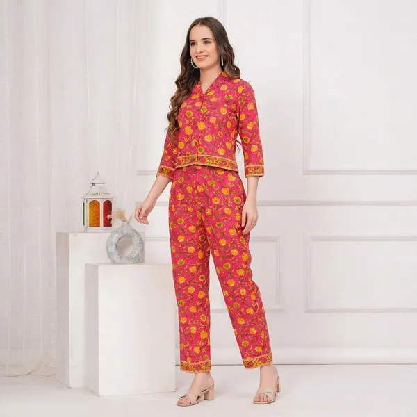 Women_Floral_Print_Night_Suit_Set_Pink_And_Yellow_Variants