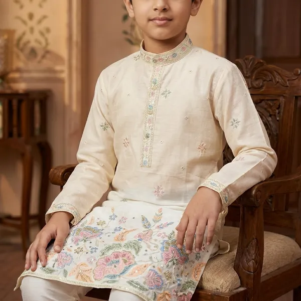 City_Live_Boys_Ethnic_Kurta_Pajama_Set_Cream_With_Pastel_Floral_Embroidery