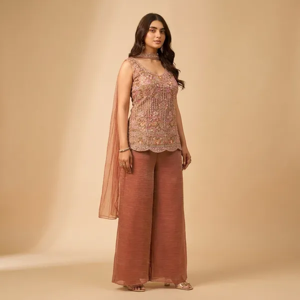 Peach_Embellished_Sleeveless_Top_With_Palazzo_Pants_And_Dupatta_Ethnic_Suit_Set