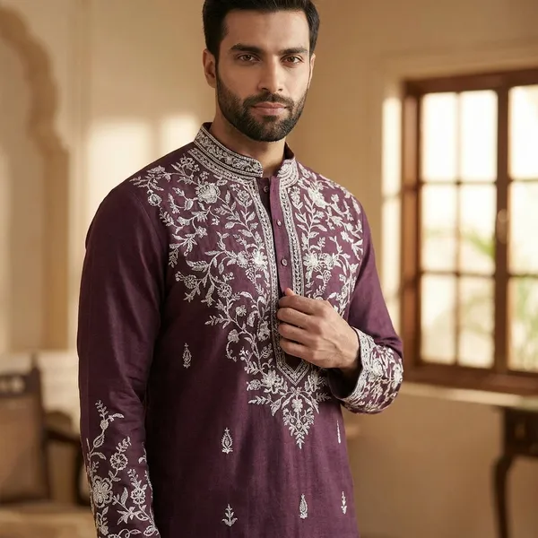 Elegant_Purple_Embroidered_Kurta_With_White_Churidar_Set_For_Men