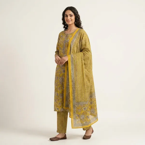 Mustard_Yellow_Printed_Salwar_Suit_Set_With_Striped_Dupatta