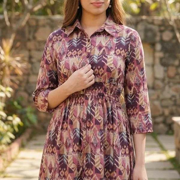 Wine_Color_Floral_Print_Fit_And_Flare_Dress_With_3/4_Sleeves