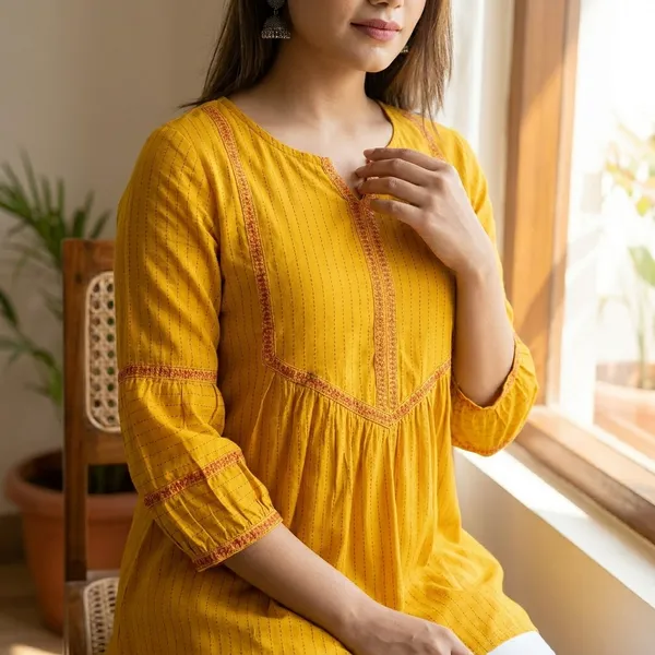 Yellow_Pintuck_Tunic_With_Embroidered_Yoke_And_Gathered_Waist