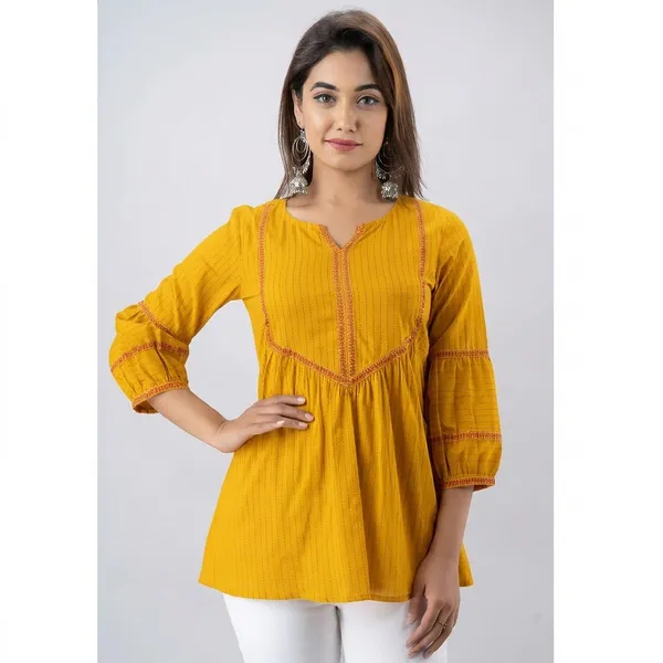 Yellow_Pintuck_Tunic_With_Embroidered_Yoke_And_Gathered_Waist