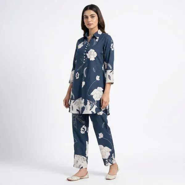Navy_Blue_Floral_Print_Coord_Set_Tunic_And_Pants