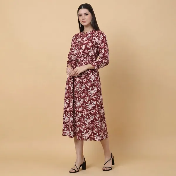 Women_Floral_Print_Midi_Dress_With_Belt_Maroon