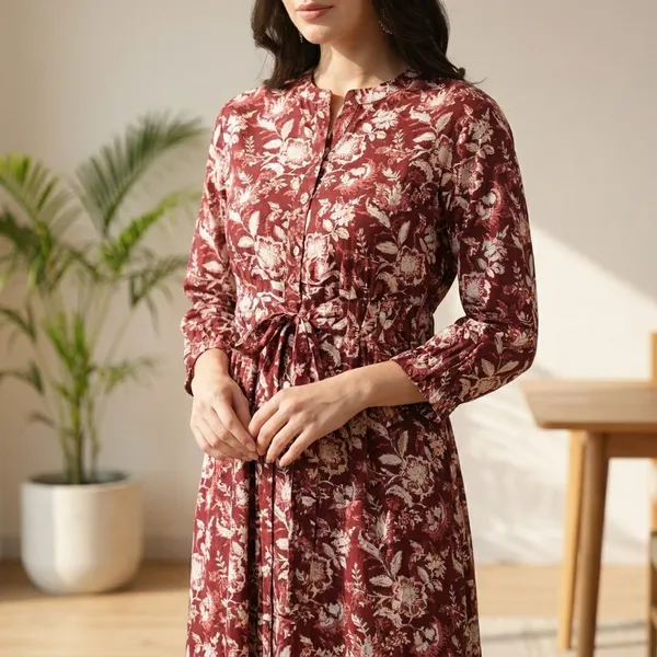 Women_Floral_Print_Midi_Dress_With_Belt_Maroon