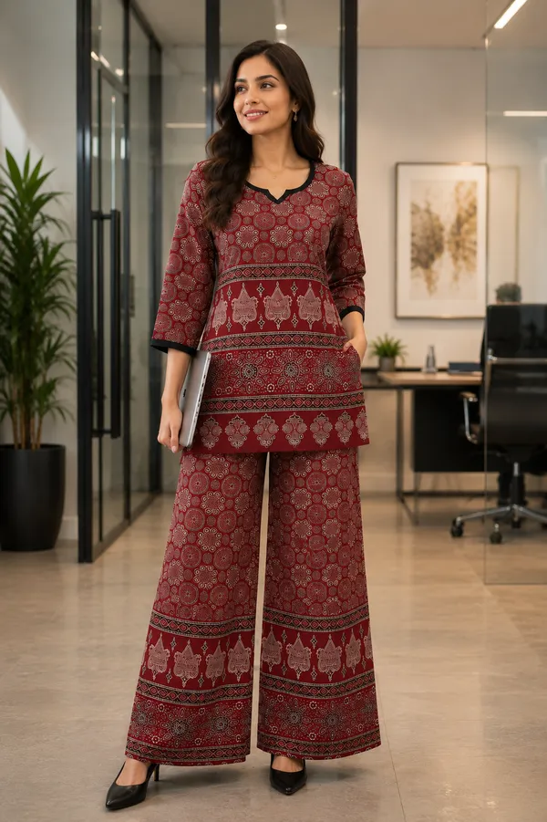 DVASTRA_Women's_Printed_Cotton_Blend_Kurta_Palazzo_Set_|_Regular_Fit_|_3/4_Sleeves_|_Ethnic_Co-ord_Set_for_Office,_Casual_&_Daily_Wear_|_Maroon