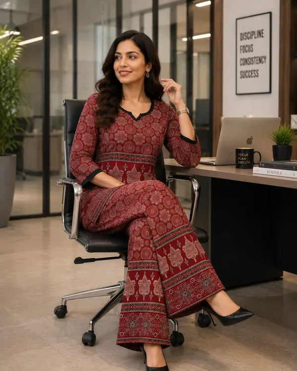 DVASTRA_Women's_Printed_Cotton_Blend_Kurta_Palazzo_Set_|_Regular_Fit_|_3/4_Sleeves_|_Ethnic_Co-ord_Set_for_Office,_Casual_&_Daily_Wear_|_Maroon