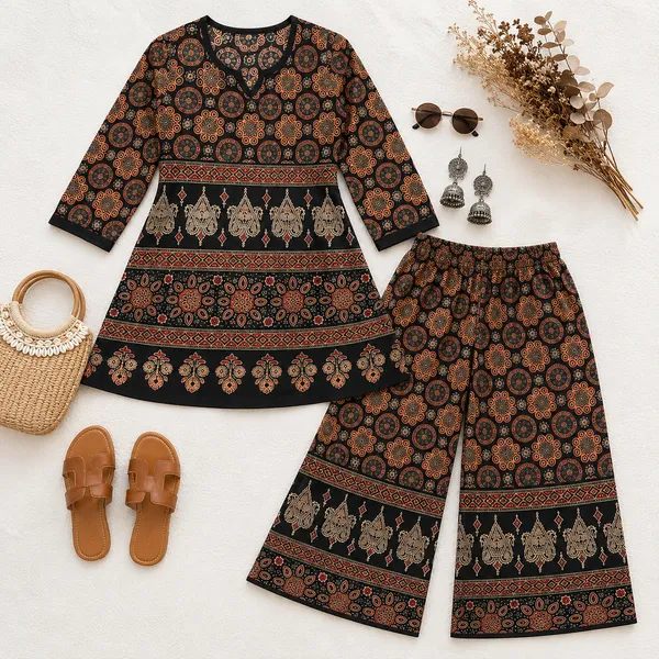 Dvastra_Women's_Printed_Co-ord_Set_|_Ethnic_Printed_Kurti_with_Palazzo_Pants_|_Soft_Cotton_Blend_|_3/4_Sleeves_|_Comfortable_Daily_Wear_|_Lounge_Wear_|_Casual_Outfit