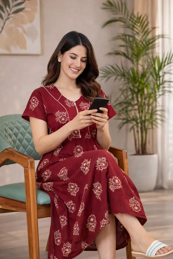 D_Vastra_Red_Zipper_Cotton_Nighty