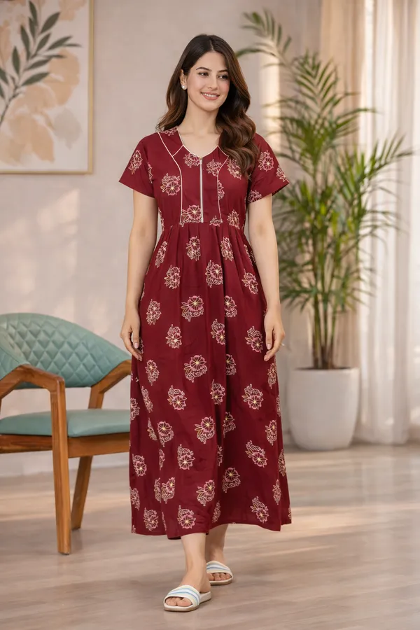 D_Vastra_Red_Zipper_Cotton_Nighty