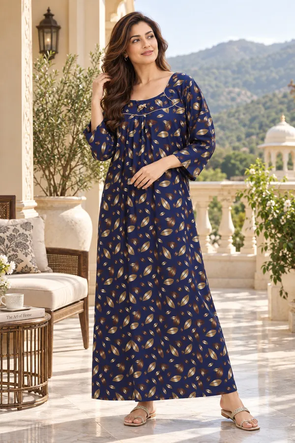 Women’s_Navy_Blue_Leaf_Print_Nighty_|_Full_Length_Night_Dress_|_3/4_Sleeve_Nightgown_|_Comfortable_Sleepwear