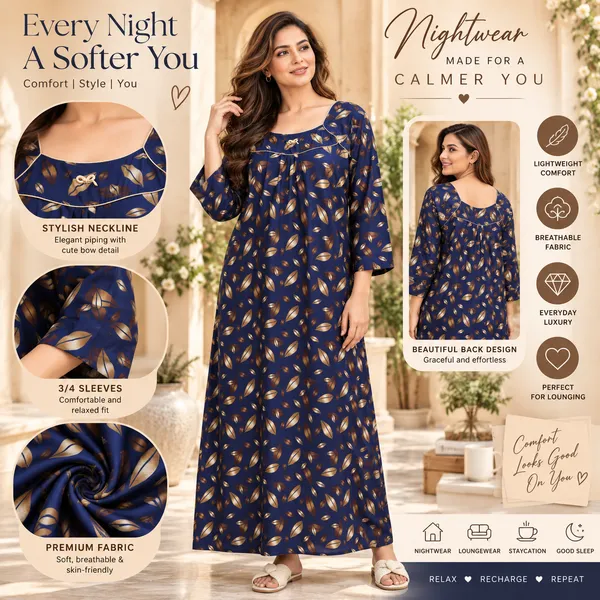 Women’s_Navy_Blue_Leaf_Print_Nighty_|_Full_Length_Night_Dress_|_3/4_Sleeve_Nightgown_|_Comfortable_Sleepwear