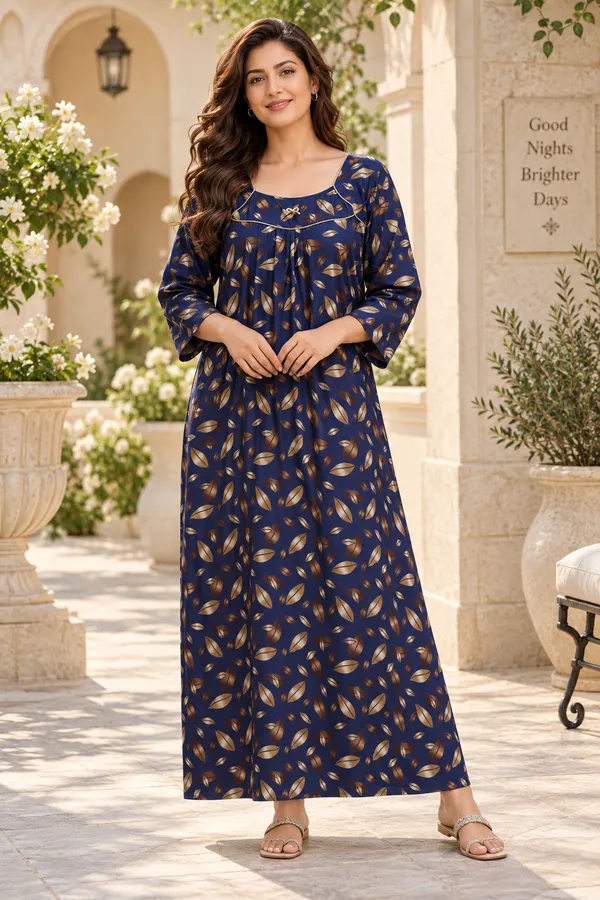 Women’s_Navy_Blue_Leaf_Print_Nighty_|_Full_Length_Night_Dress_|_3/4_Sleeve_Nightgown_|_Comfortable_Sleepwear