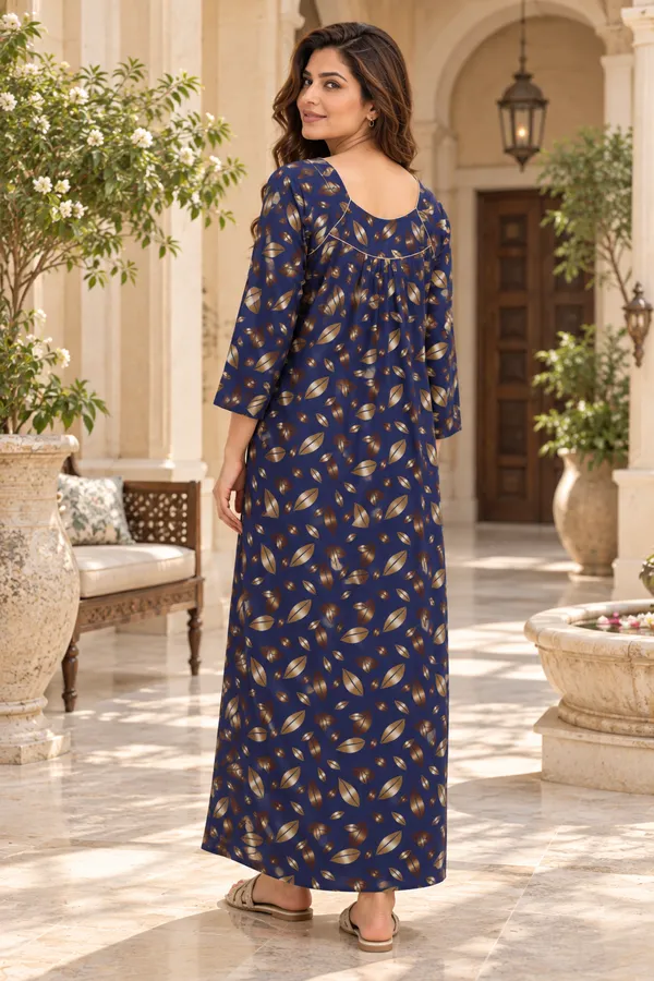 Women’s_Navy_Blue_Leaf_Print_Nighty_|_Full_Length_Night_Dress_|_3/4_Sleeve_Nightgown_|_Comfortable_Sleepwear