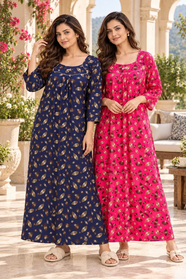 Women’s_Nighty_Combo_Pack_of_2_|_Blue_&_Pink_Leaf_Print_Nightgown_|_3/4_Sleeve_Comfortable_Night_Dress_|_Soft_&_Stylish_Nightwear_for_Women