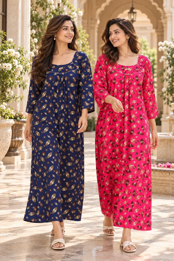 Women’s_Nighty_Combo_Pack_of_2_|_Blue_&_Pink_Leaf_Print_Nightgown_|_3/4_Sleeve_Comfortable_Night_Dress_|_Soft_&_Stylish_Nightwear_for_Women