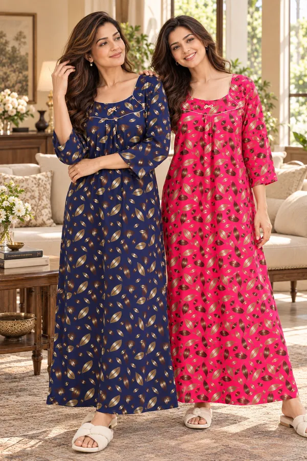 Women’s_Nighty_Combo_Pack_of_2_|_Blue_&_Pink_Leaf_Print_Nightgown_|_3/4_Sleeve_Comfortable_Night_Dress_|_Soft_&_Stylish_Nightwear_for_Women