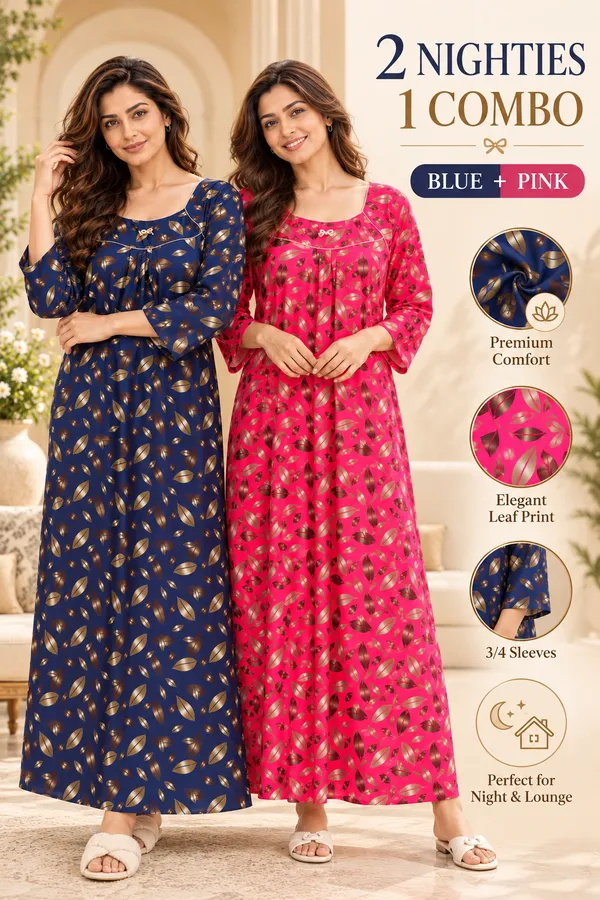 Women’s_Nighty_Combo_Pack_of_2_|_Blue_&_Pink_Leaf_Print_Nightgown_|_3/4_Sleeve_Comfortable_Night_Dress_|_Soft_&_Stylish_Nightwear_for_Women