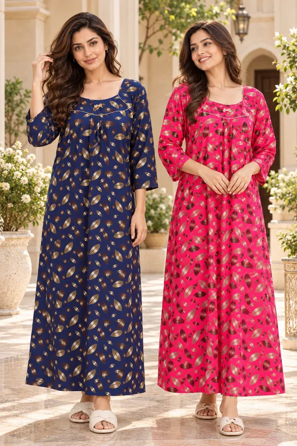 Women’s_Nighty_Combo_Pack_of_2_|_Blue_&_Pink_Leaf_Print_Nightgown_|_3/4_Sleeve_Comfortable_Night_Dress_|_Soft_&_Stylish_Nightwear_for_Women