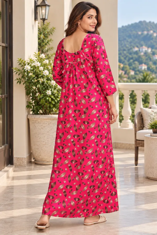 Women’s_Pink_Leaf_Print_Nighty_|_Full_Length_Night_Dress_|_3/4_Sleeve_Nightgown_|_Comfortable_Sleepwear
