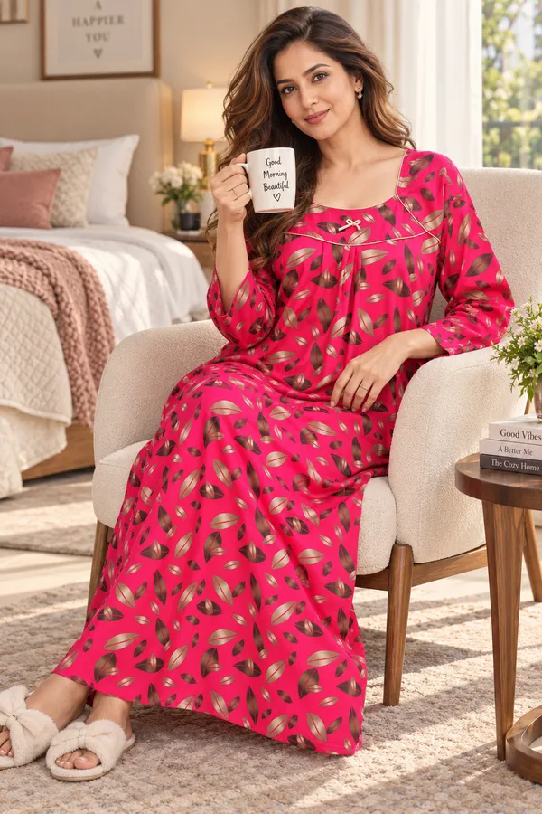 Women’s_Pink_Leaf_Print_Nighty_|_Full_Length_Night_Dress_|_3/4_Sleeve_Nightgown_|_Comfortable_Sleepwear